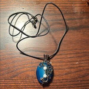 Elegant Blue Wire Wrapped Stone Pendant Necklace